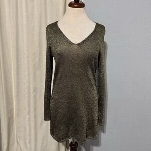 Olive + Oak Gold Metallic V-neck Knit Tunic Party Dress Sz M Side Slit Relaxed